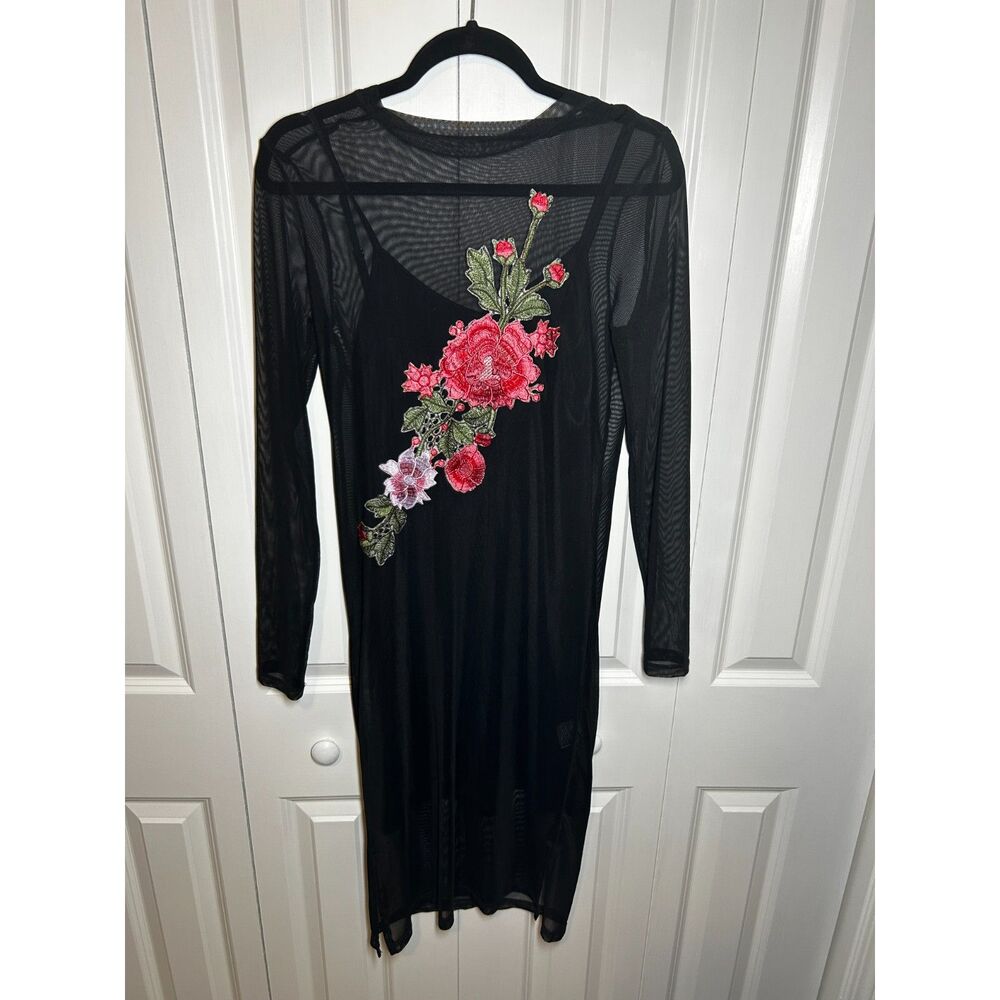 Suzy Shier Black Embroidered Mesh Overlay Dress Pink Red Floral Sz M